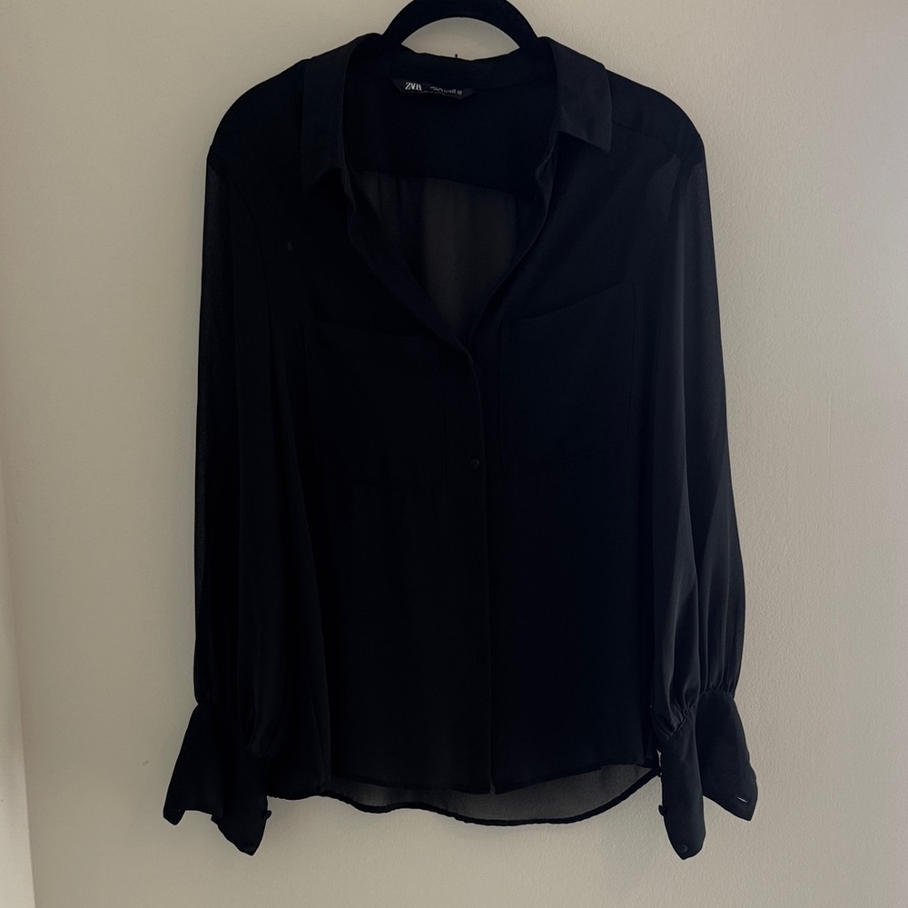 Zara Black Sheer Button-Front Blouse w/ Front Pockets